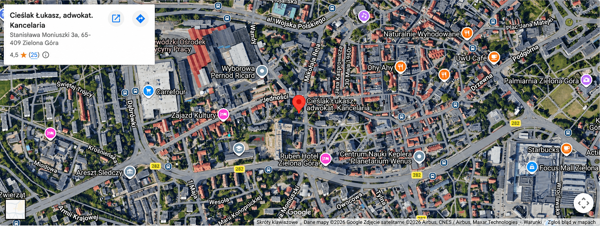 Mapa dojazdu do Kancelarii Adwokackiej Łukasza Cieślaka przy ul. Moniuszki 3A w Zielonej Górze